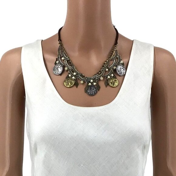 Roman Coin Fringe Necklace Statement Silver Gold Tone Brown Leather - Picture 2 of 2